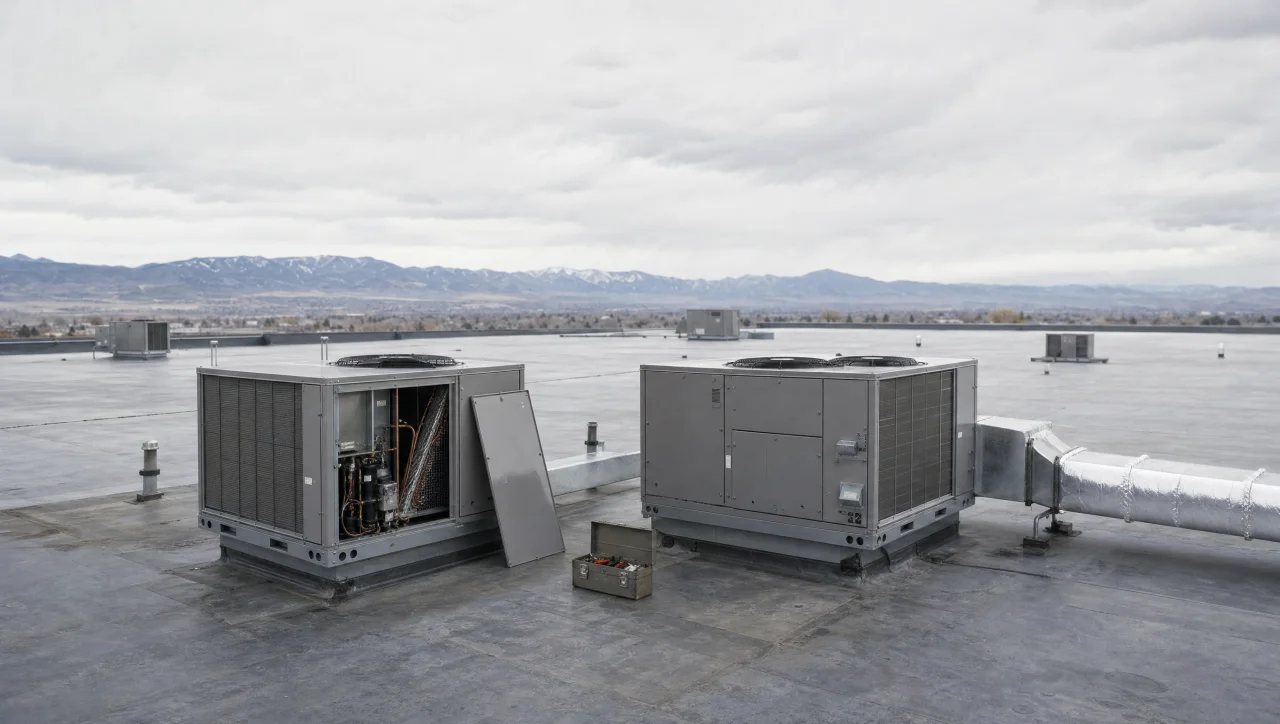 Accutemp technician servicing commercial HVAC equipment in Northern Colorado